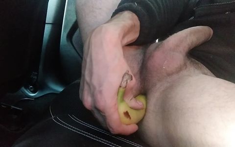 Big Cock Man in Car, Train his Anus with a Small Toy, then Insert half a Banana, Likes it and Cums