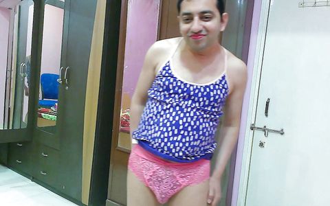 Cute sissy crossdresser femboy Sweet Lollipop in a tank top, pantie and flip-flops with lipstick.