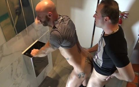 The French Muscle Pornstar Aymerci Deville Fucked Raw by A Top Daddy in Public Toilet