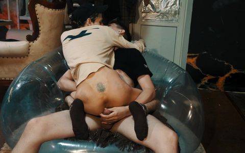 Hot sex on a transparent, inflatable chair