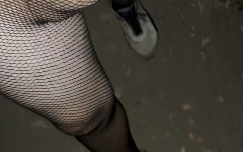 Night walking in pantyhose close road teen boy flash no pants 12