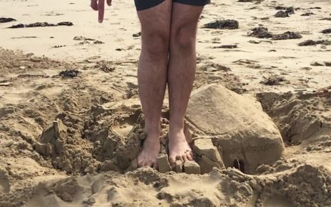 Manlyfoot - Slow Motion Smashing and Stomping on Sand Castle on the Beach with Big Male Feet