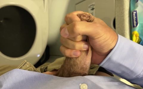 Business Man Touches himself and Jerks off in the Bathroom on a Plane to Amsterdam (almost Caught)