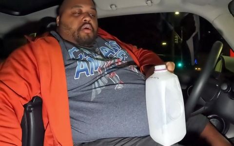 Fat guy in a little car and chugging some half and half. Gains coming back stronger this time.