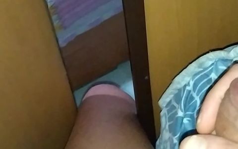 Hiding while masturbating on boyfriend and cumming on his ass