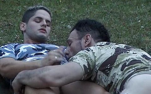 Army jocks cock sucking outdoors