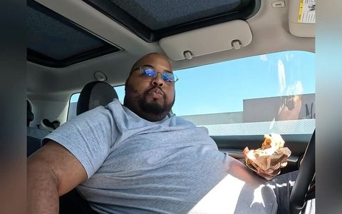 Fat guy in a small car haha More driving and eating videos? Comment below