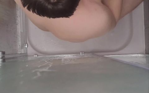 Chubby Boy Sucks Dildo and Cums in Shower