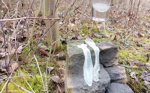 Making Cum From Two Filled Condoms After I Was Fucked Outdoors and My Jerk off After Cum Eating