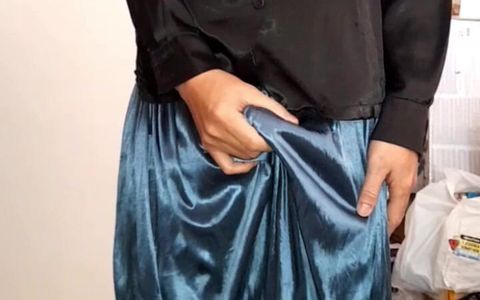 Crossdresser Cumming Wearing Satin Silk Blouse and Shiny Skirt