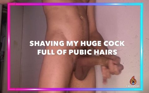 Shaving my huge cock full of pubic hairs